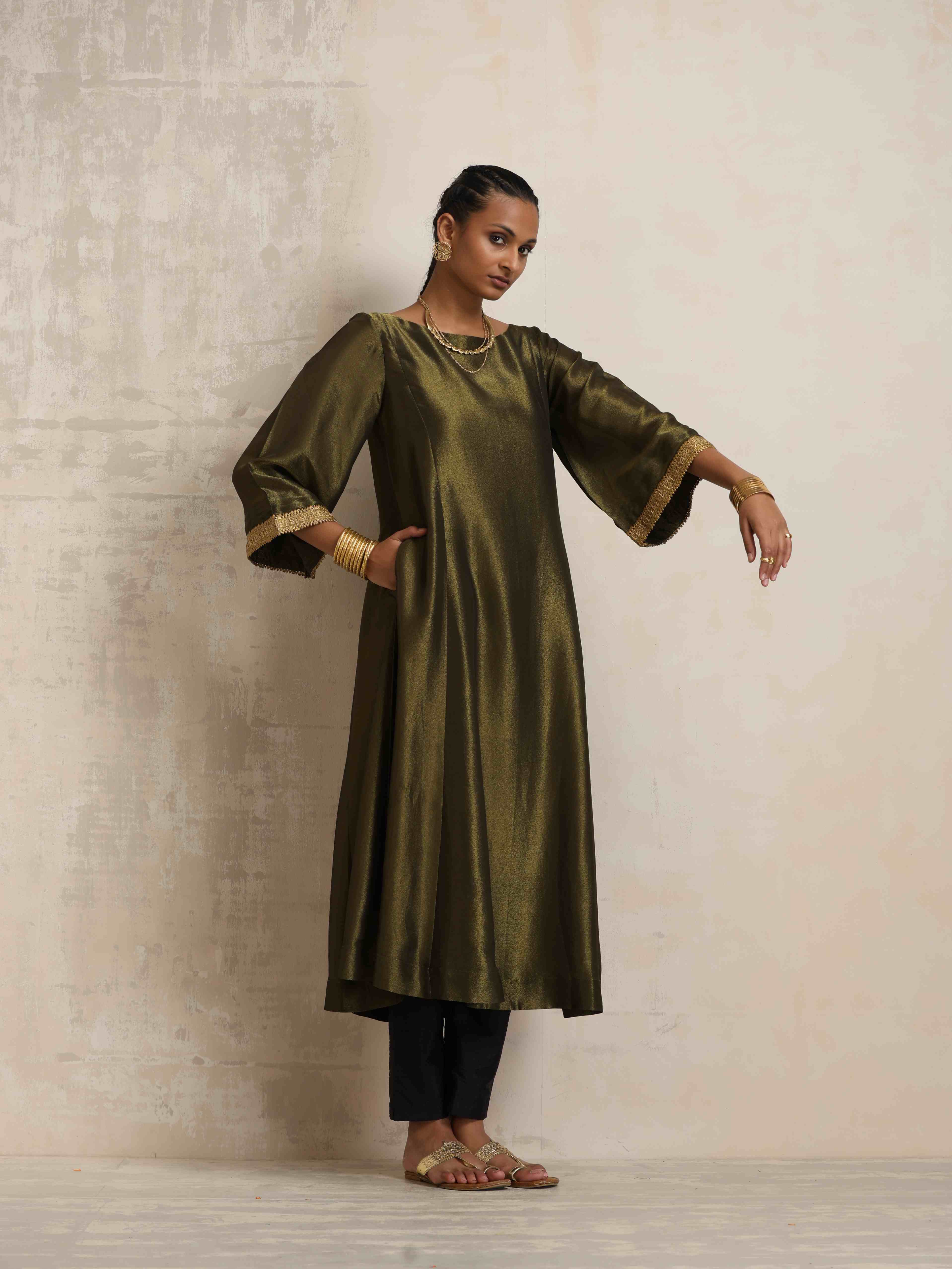trueBrowns Olive Green Tissue Flared Anarkali Kurta Set - Distacart
