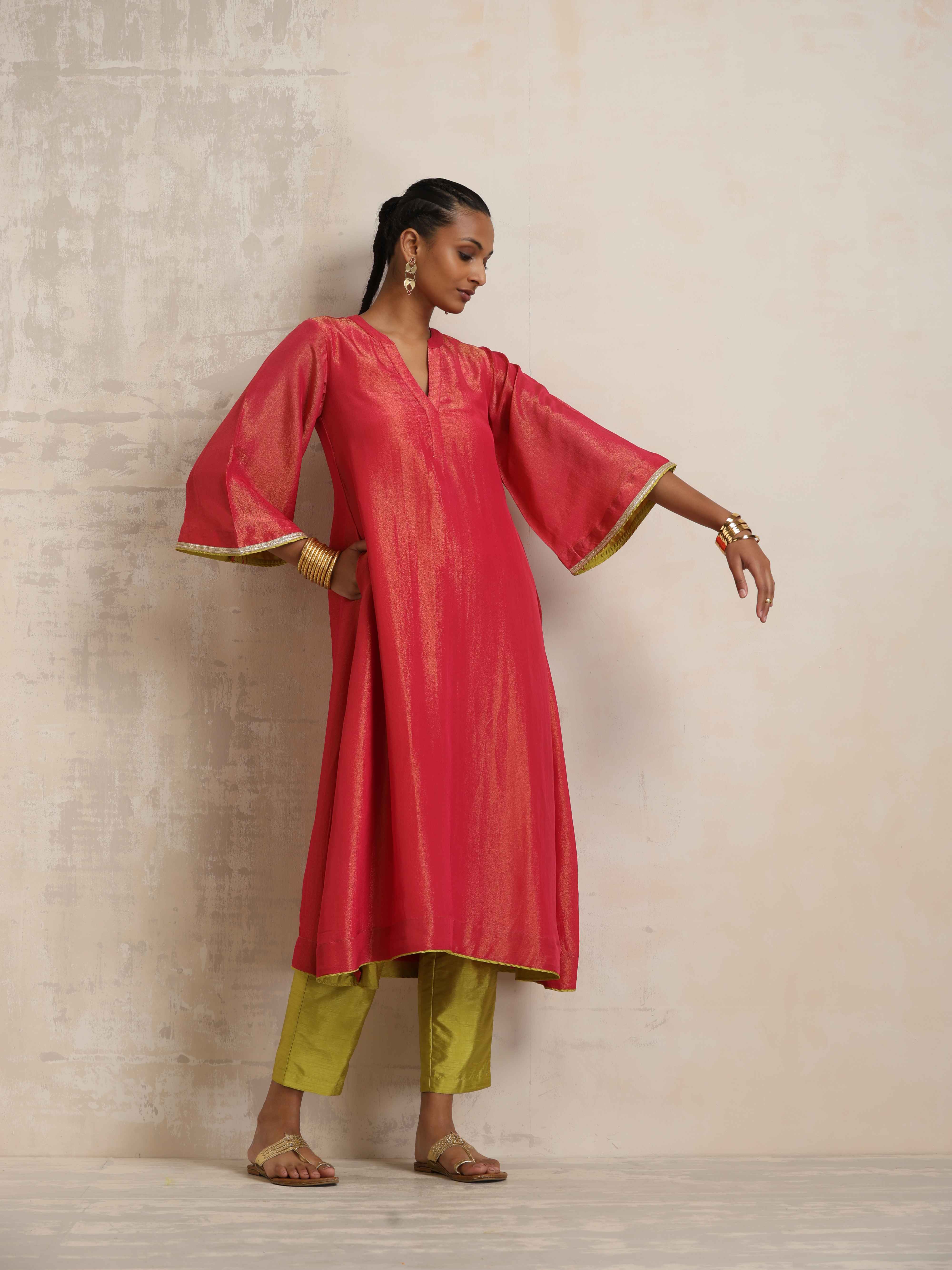 trueBrowns Hot Pink Tissue Flared Kurta Set - Distacart
