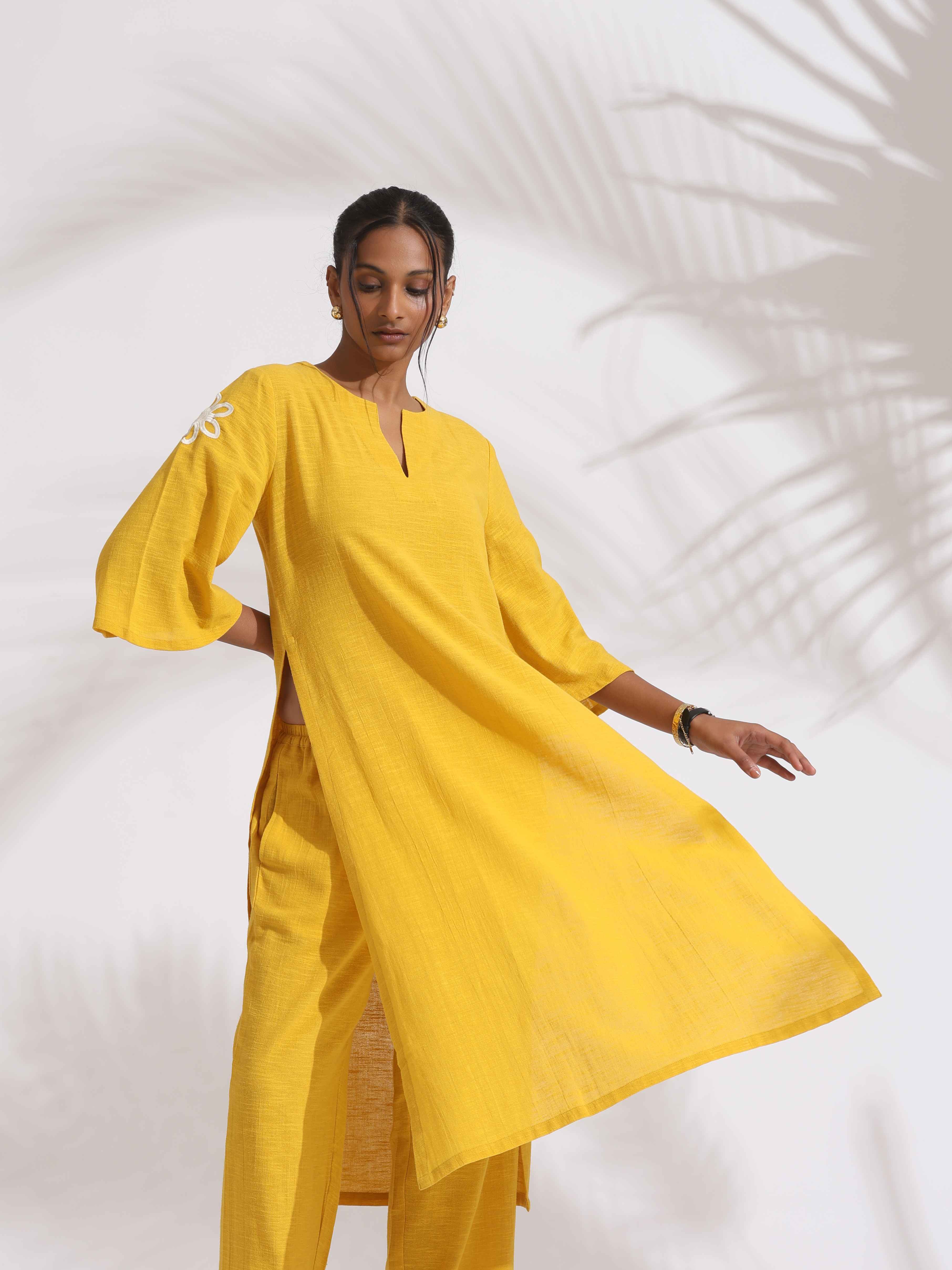 trueBrowns Yellow Cotton Slub Embroidered Straight Kurta Set - Distacart