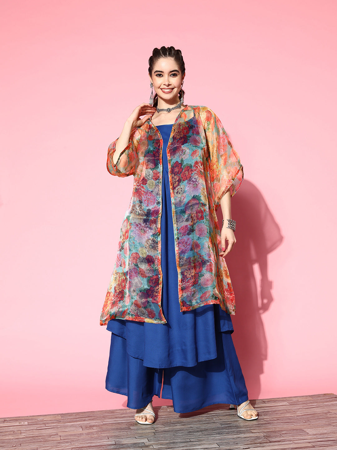 InWeave Ink Blue Strappy Set With Green Floral Long Organza Cape - Distacart