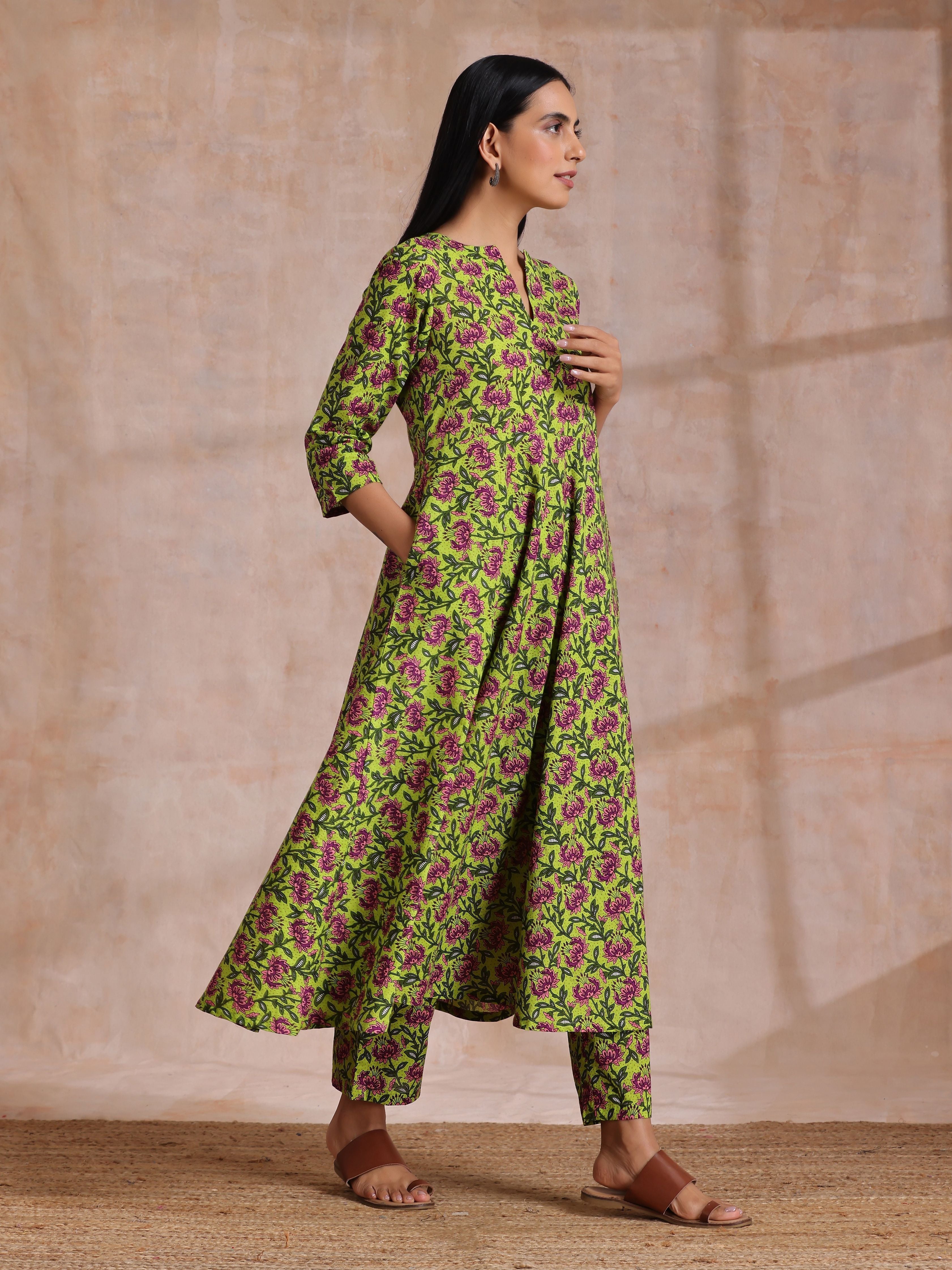 trueBrowns Lime Green Overall Pink Floral Block Print Cotton Flared Kurta Pant Set - Distacart