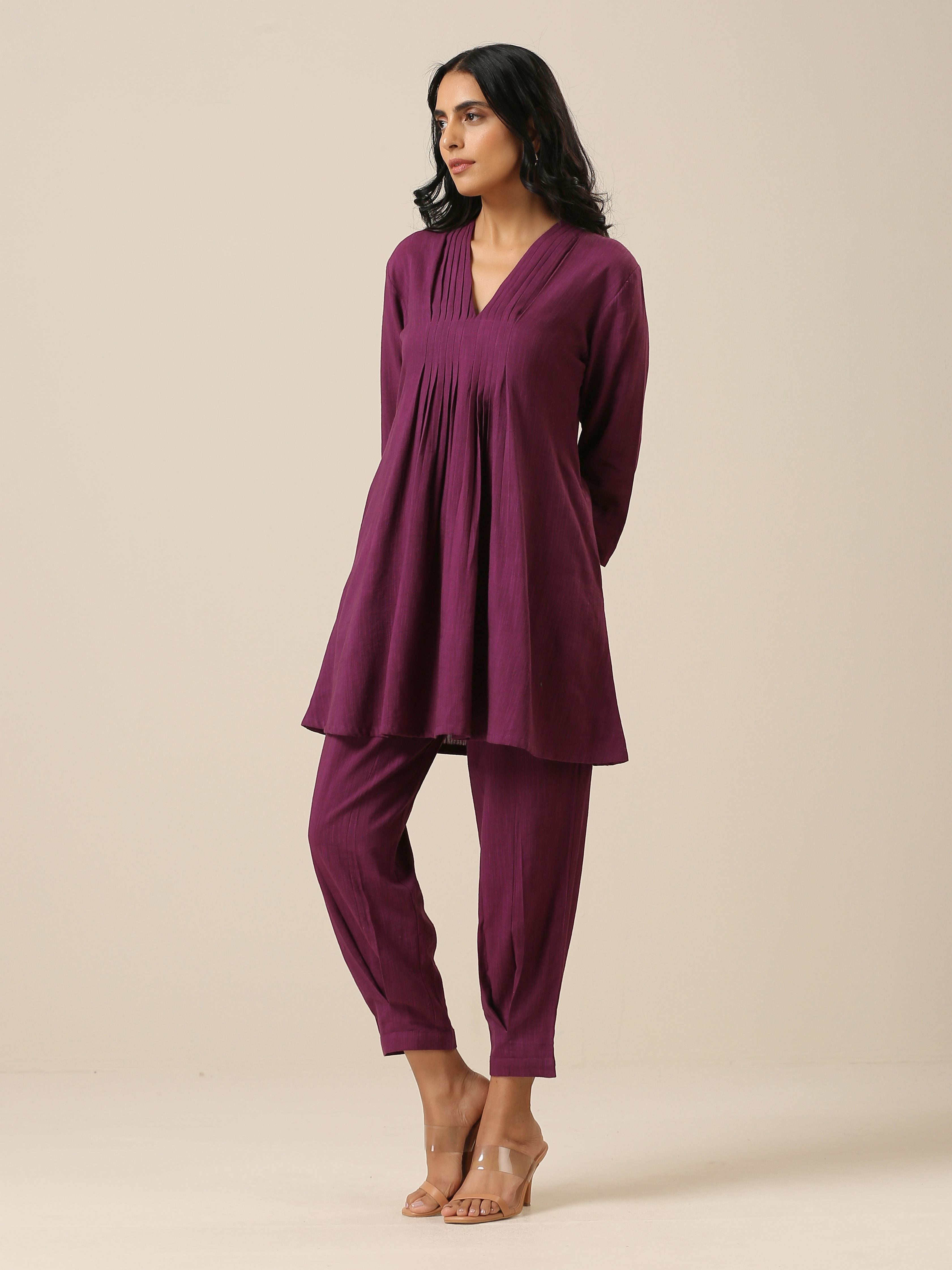 trueBrowns Plum Purple Slub Texture Pleated Co-Ord Set - Distacart