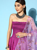 Thumbnail for InWeave Purple Off Shoulder Silk Kurta Set -Mauve Hand Painted Dupatta - Distacart