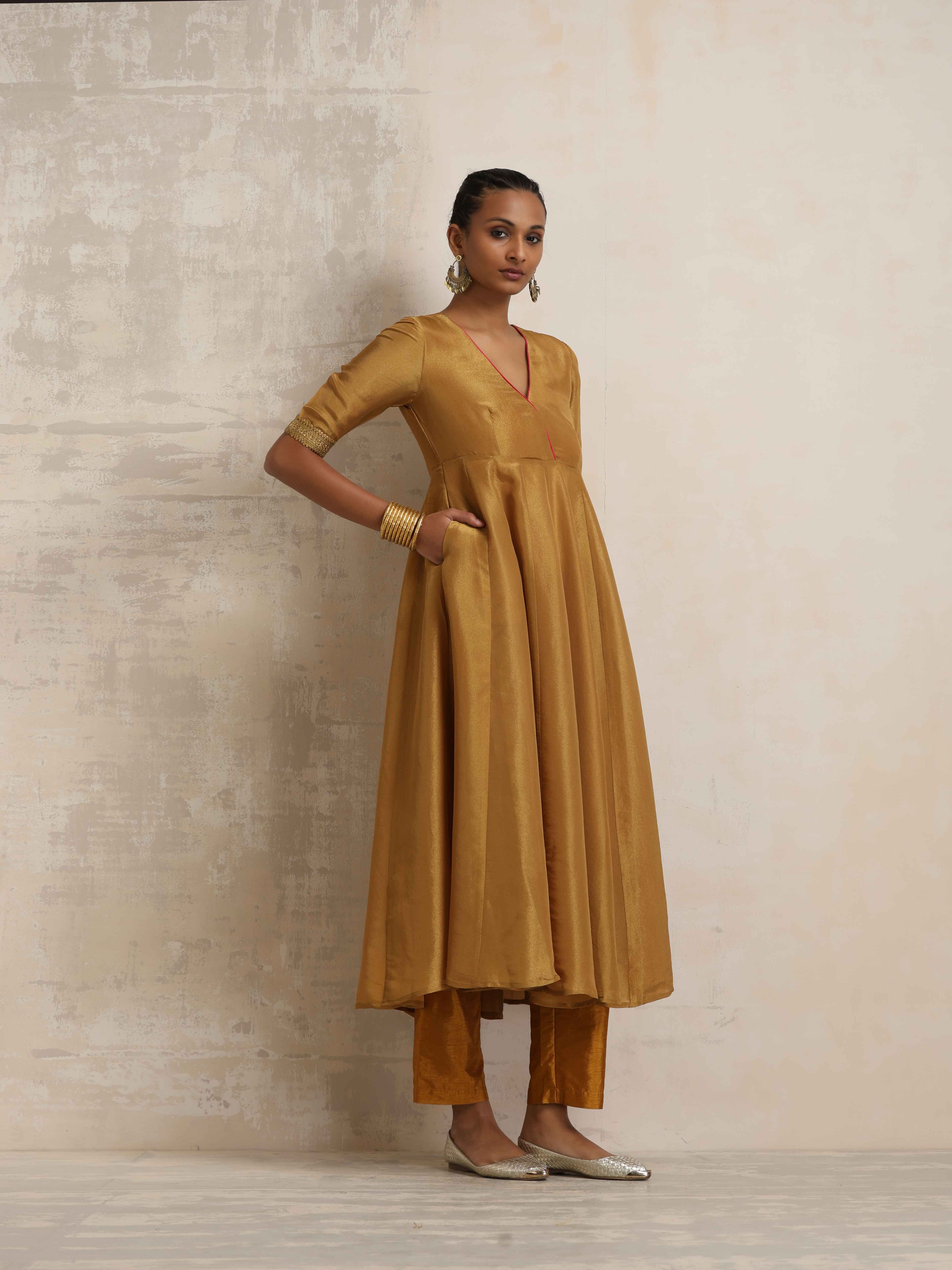 trueBrowns Gold Tissue Flared Anarkali Kurta Set - Distacart