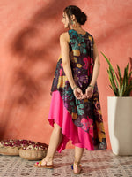 Thumbnail for InWeave Black Floral Fuchsia Asymmetrical Dress - Distacart