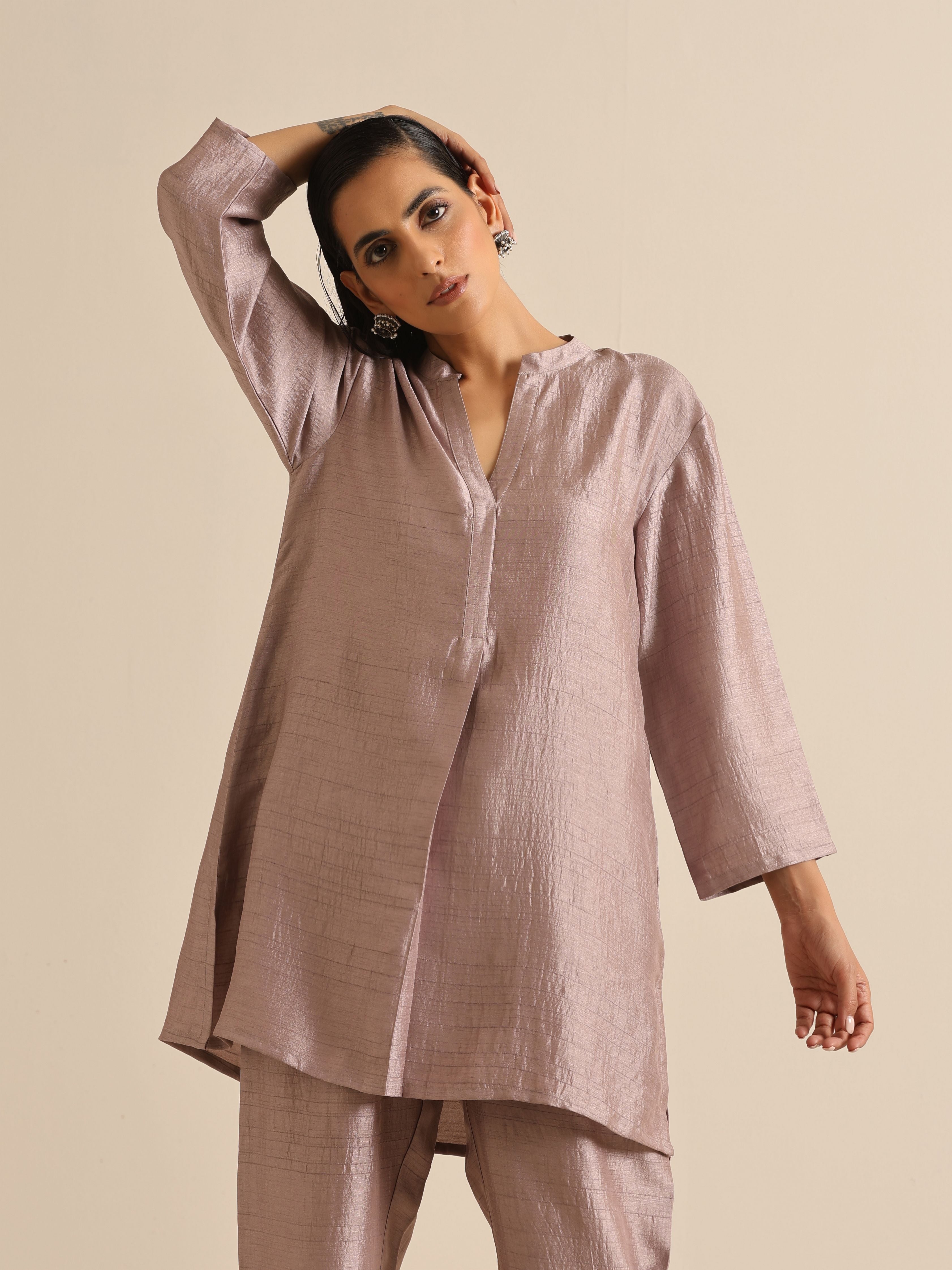 trueBrowns Grey Silk Texture Relaxed Co-Ord Set - Distacart