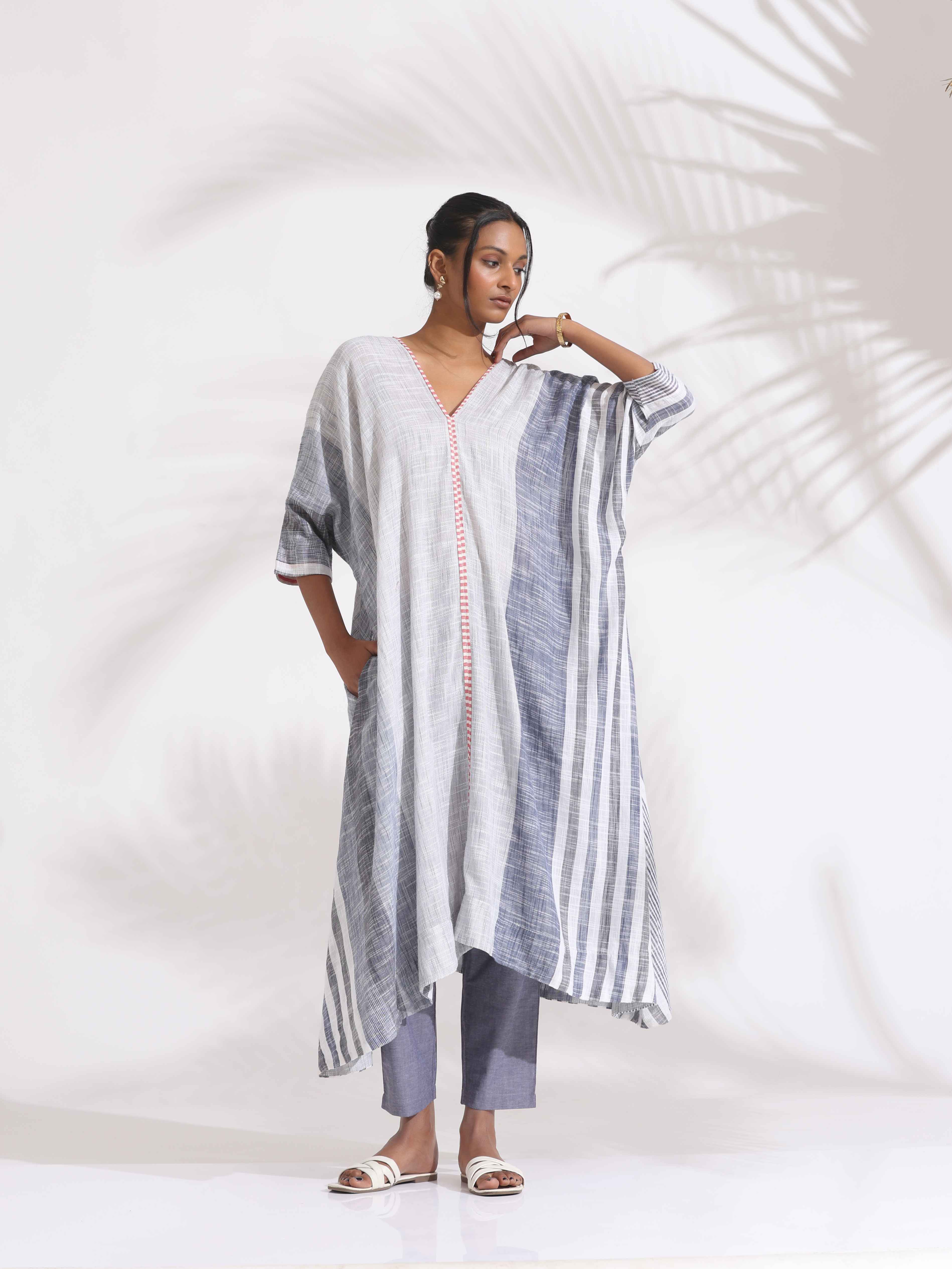 trueBrowns Off-White Cotton Multi Stripe Flared Kurta Set - Distacart