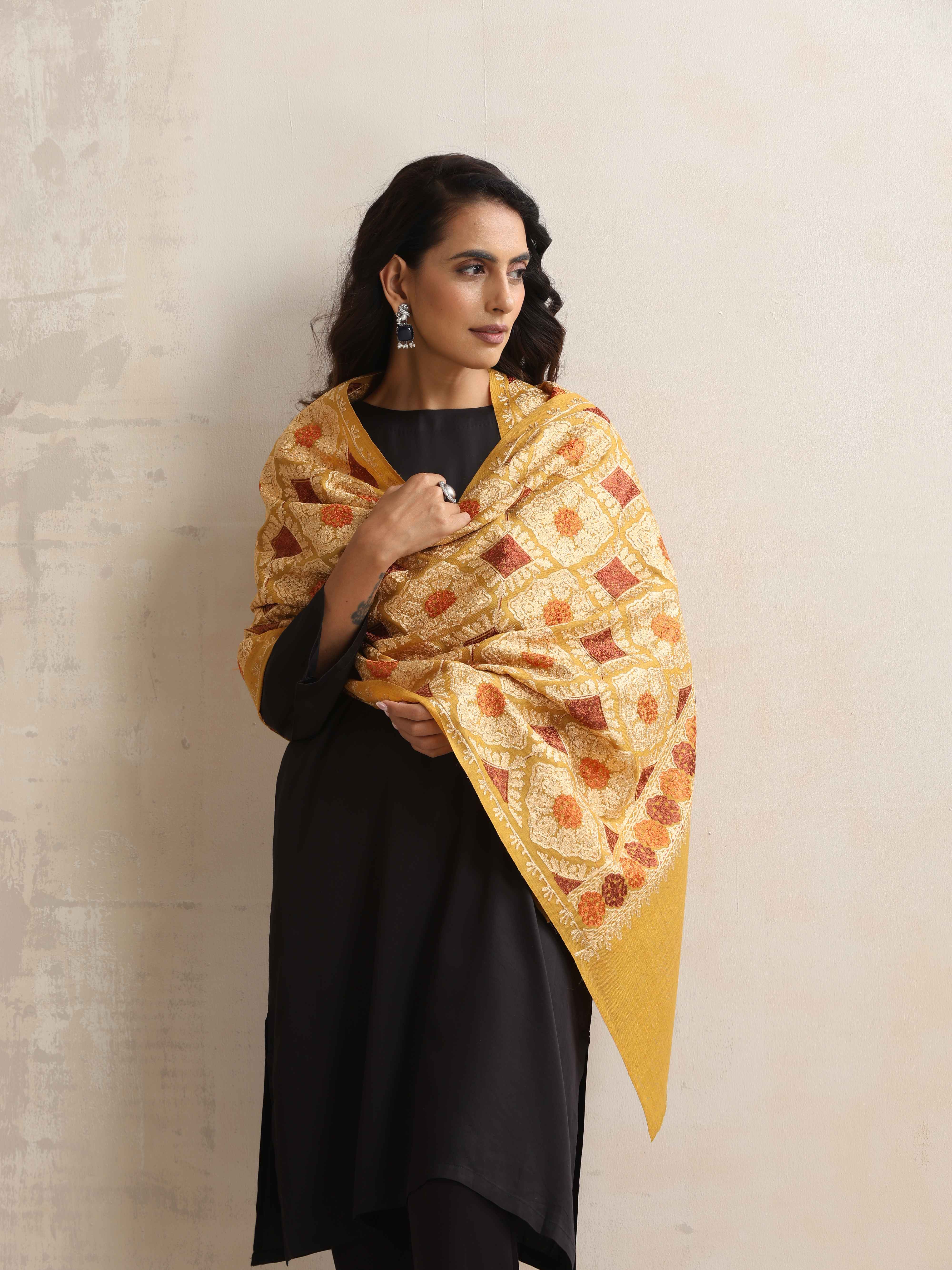 trueBrowns Mustard Embroidered Woollen Stole - Distacart