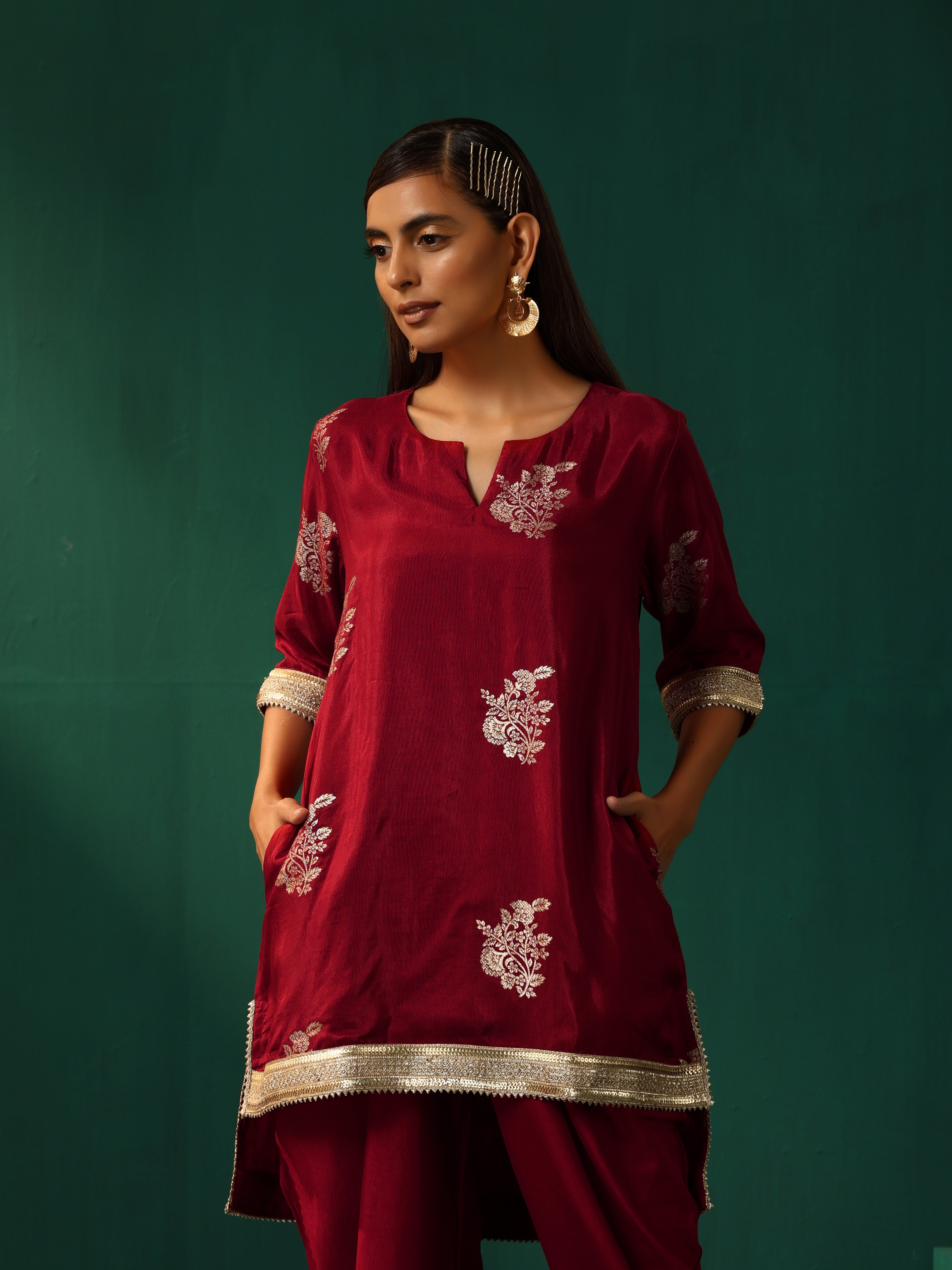 trueBrowns Maroon Floral Viscose Silk High Low Co-ord Set - Distacart