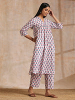 Thumbnail for trueBrowns White With Pink Blue Floral Block Print Cotton Flared Slit Kurta Pant Set - Distacart