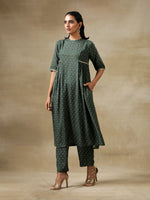 Thumbnail for trueBrowns Dark Green Bandhani Printed Silk Side Gathered Kurta Pant Set - Distacart