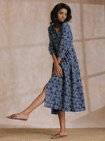 Thumbnail for trueBrowns Indigo Dabu Overall Print Cotton Wrap Dress - Distacart