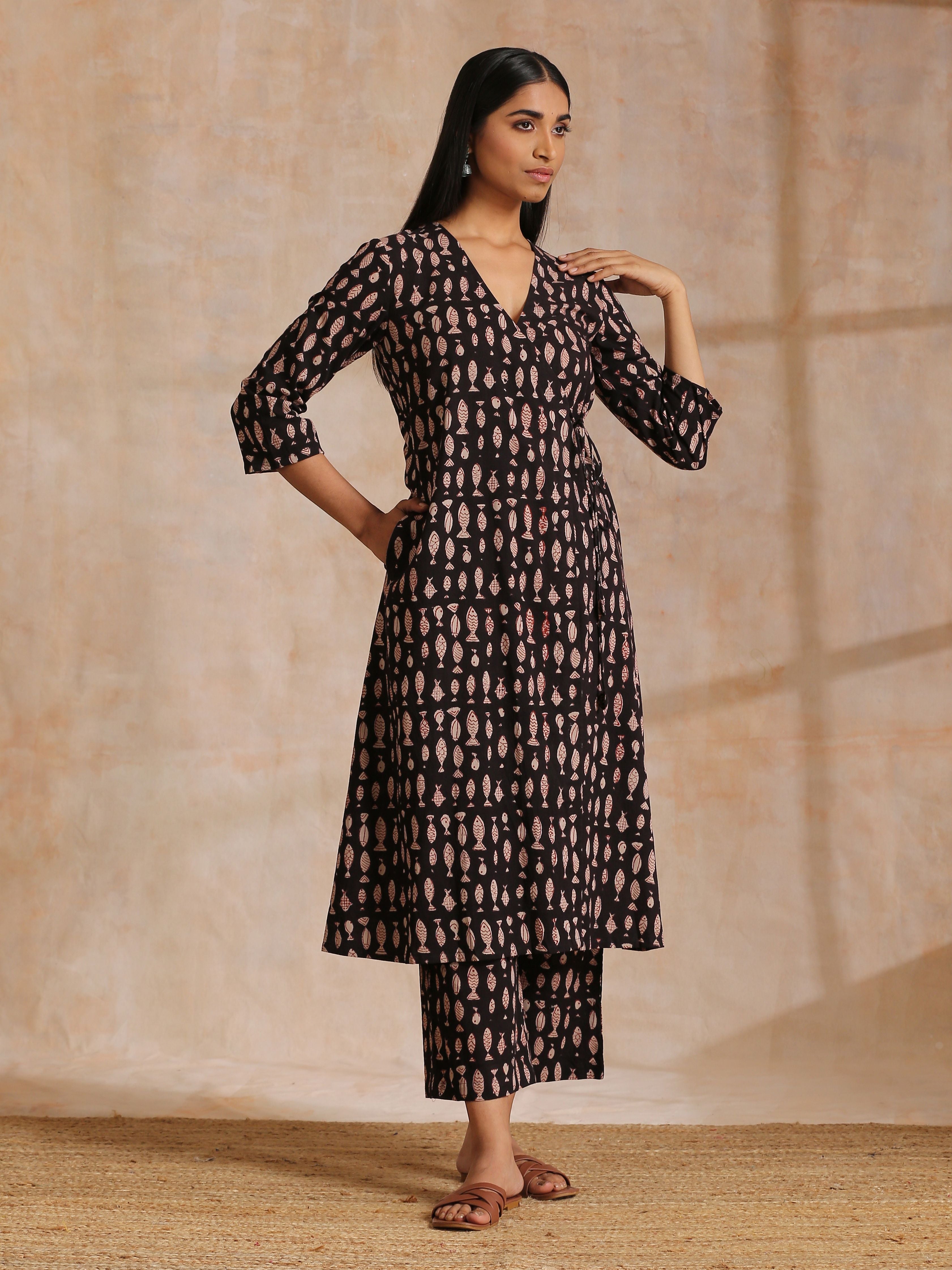 trueBrowns Black Fish Bagru Print Cotton Angrakha Pant Set - Distacart