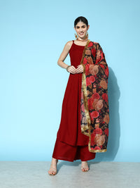 Thumbnail for Varanga Women Maroon Strap Style A Line Kurta Paired With Tonal Bottom And Contrast Floral Printed Dupatta With Four Sided Fringes
