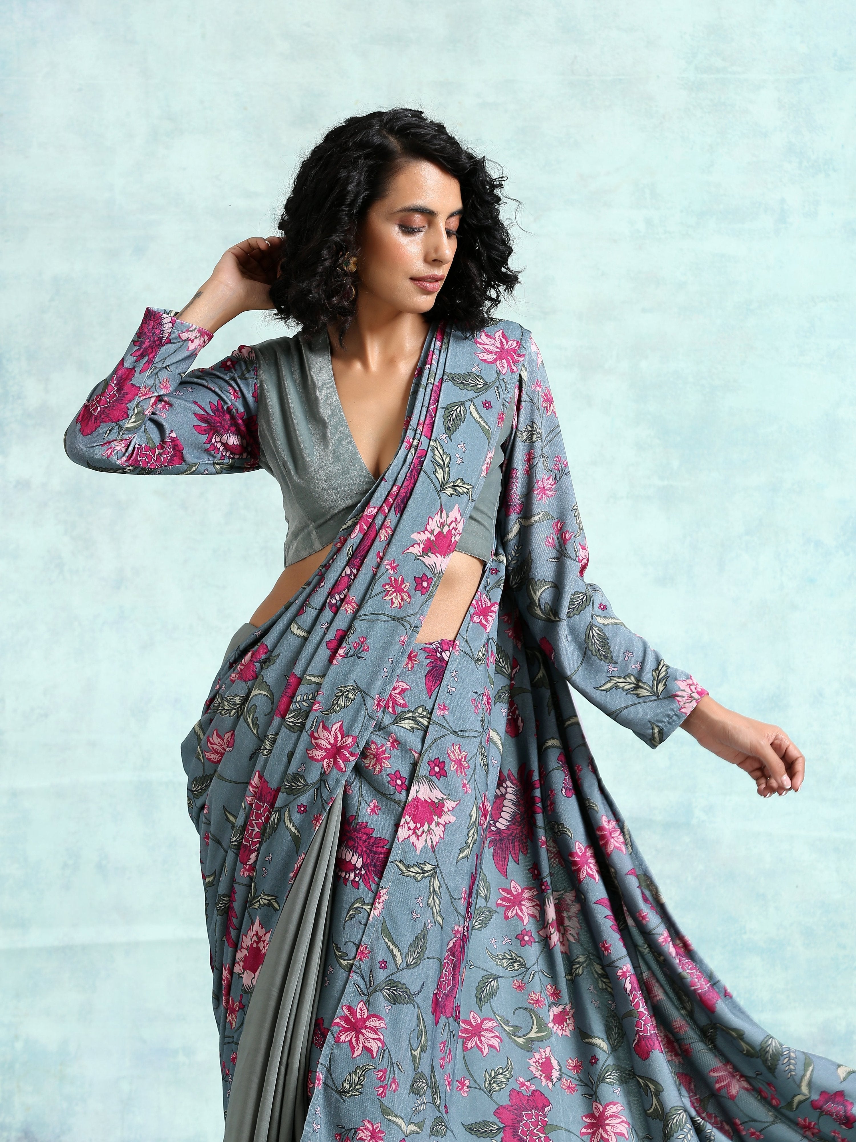 trueBrowns Grey Printed Velvet Ready to Wear Saree - Distacart