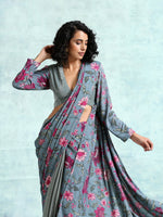 Thumbnail for trueBrowns Grey Printed Velvet Ready to Wear Saree - Distacart