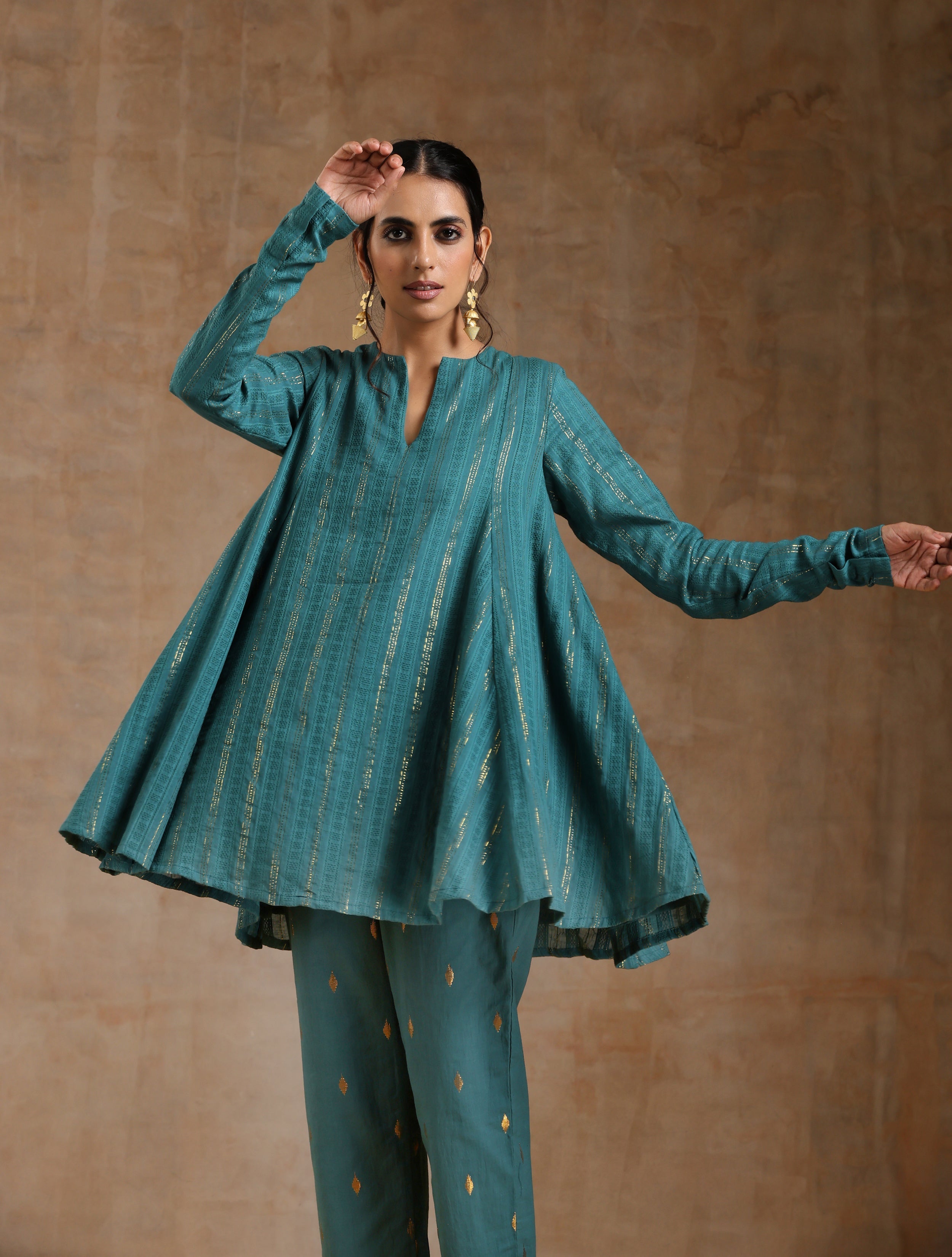 trueBrowns Deep Sea Gold Cotton Flared Co-Ord Set - Distacart