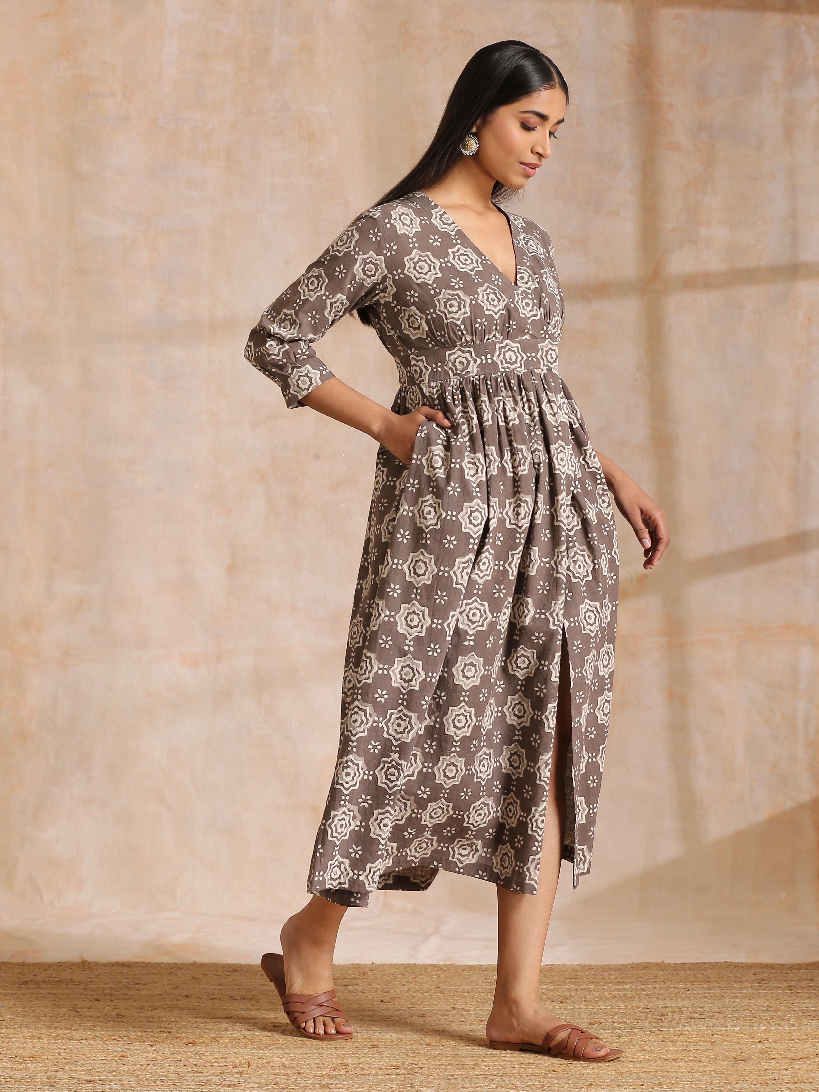trueBrowns Clay Dabu Overall Print Cotton Wrap Dress | Relove - Distacart