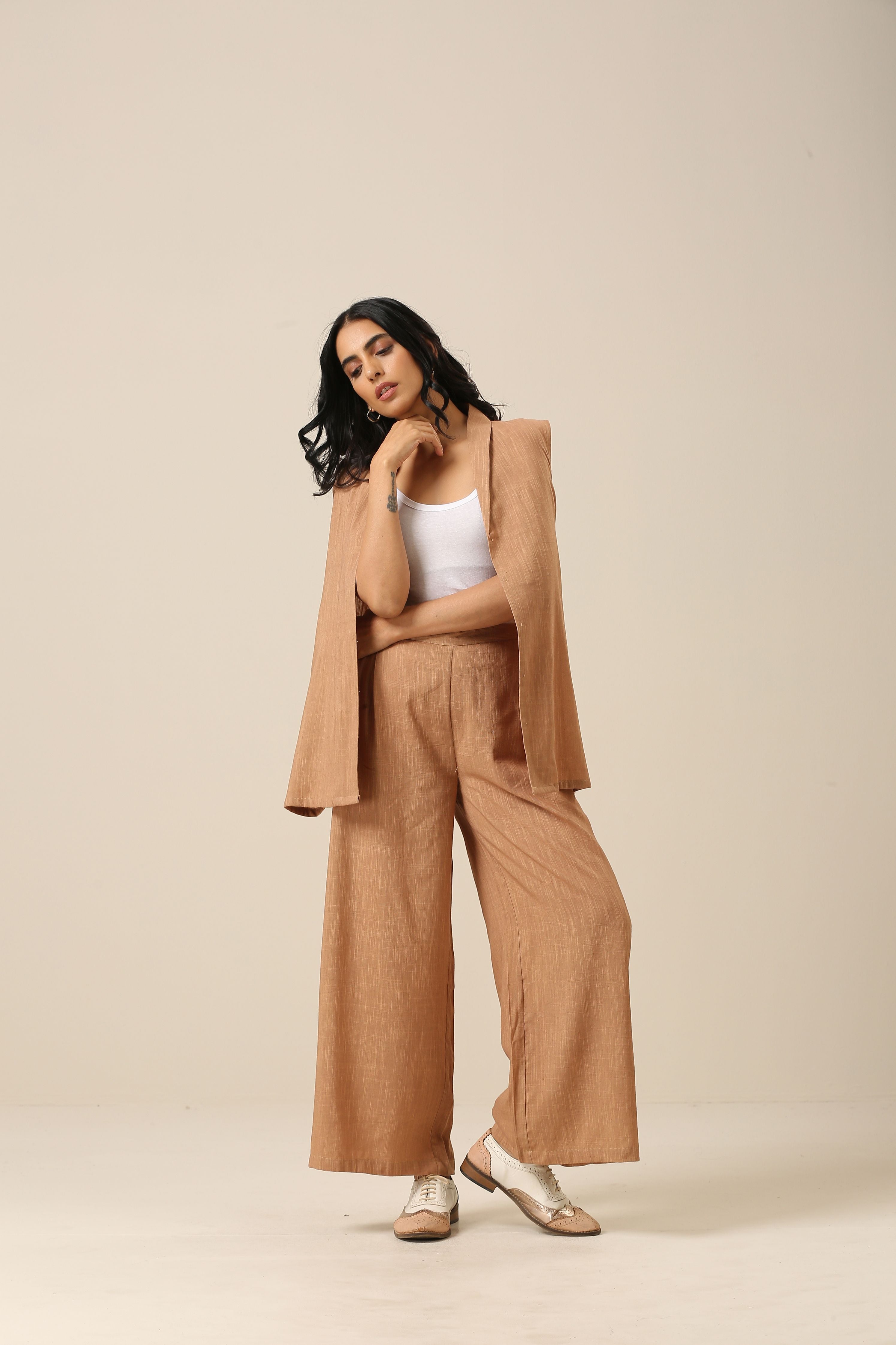 trueBrowns Beige Slub Texture Sleevesless Jacket Pant Set - Distacart