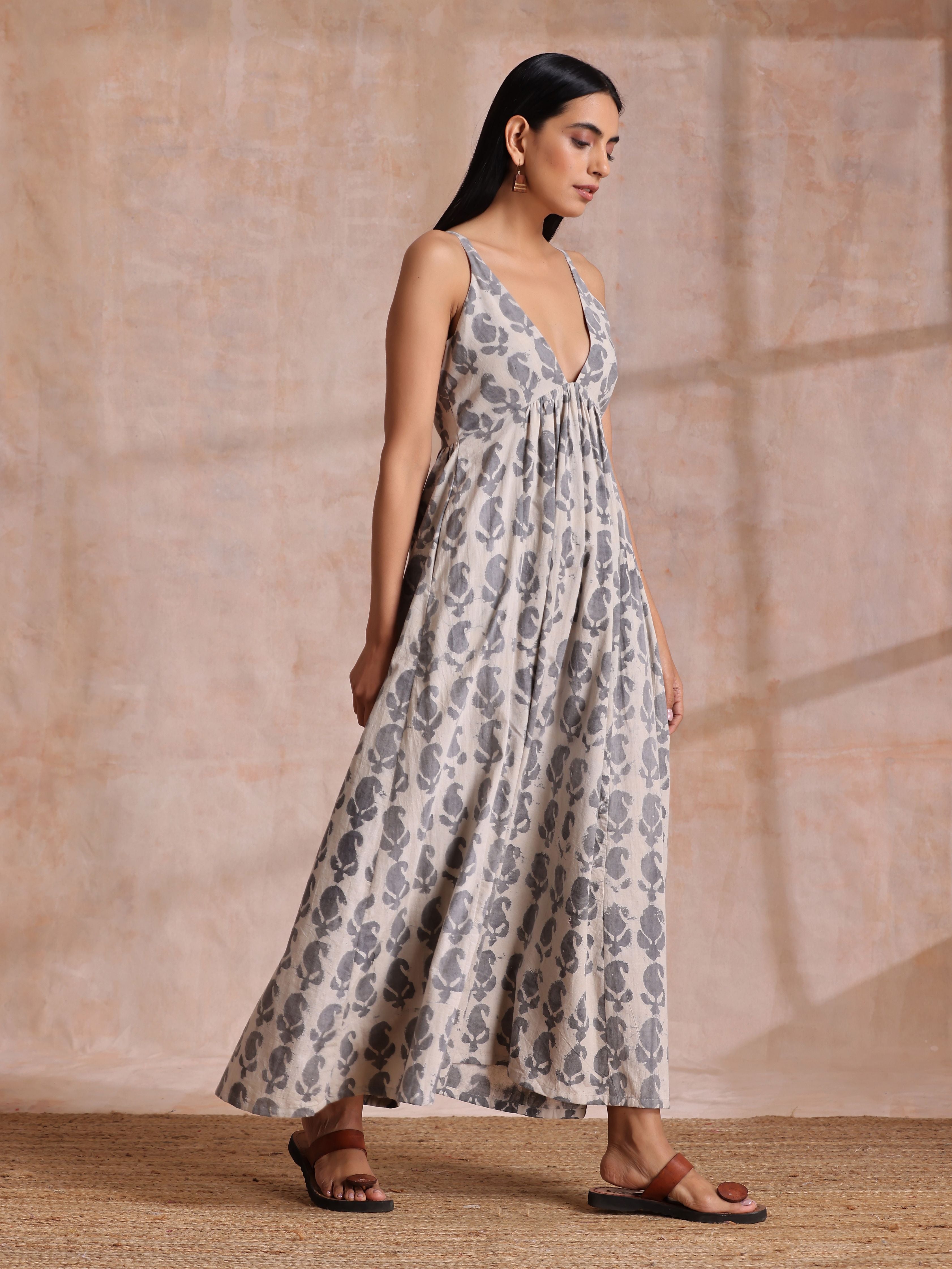 trueBrowns Grey Dabu Buta Print Cotton Sleeveless Dress - Distacart