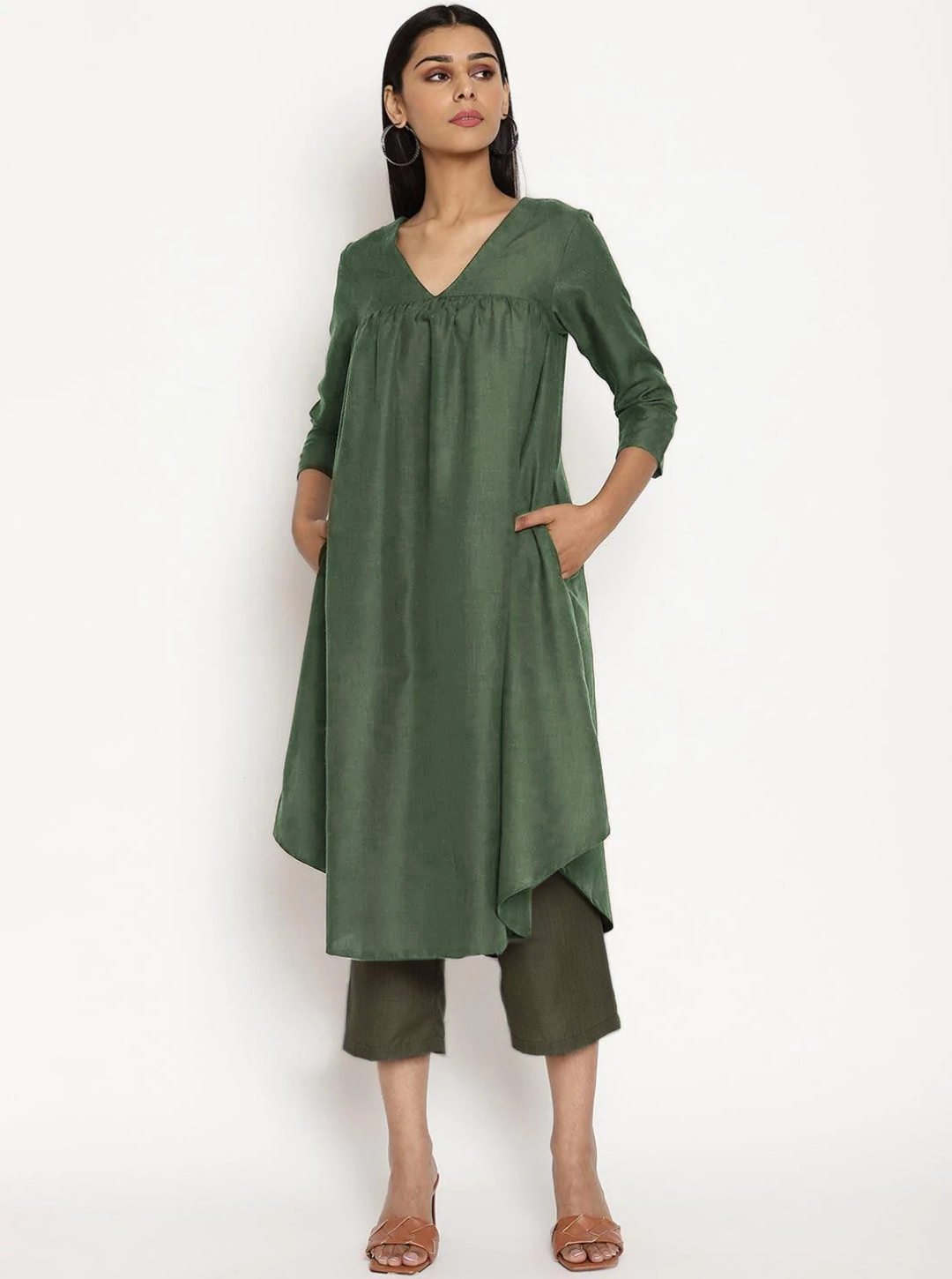 trueBrowns Cotton Linen Light Green Gathered Kurta Pant Set - Distacart