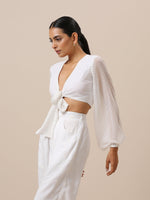 Thumbnail for trueBrowns Chiffon White Dobby Tie Up Top - Distacart