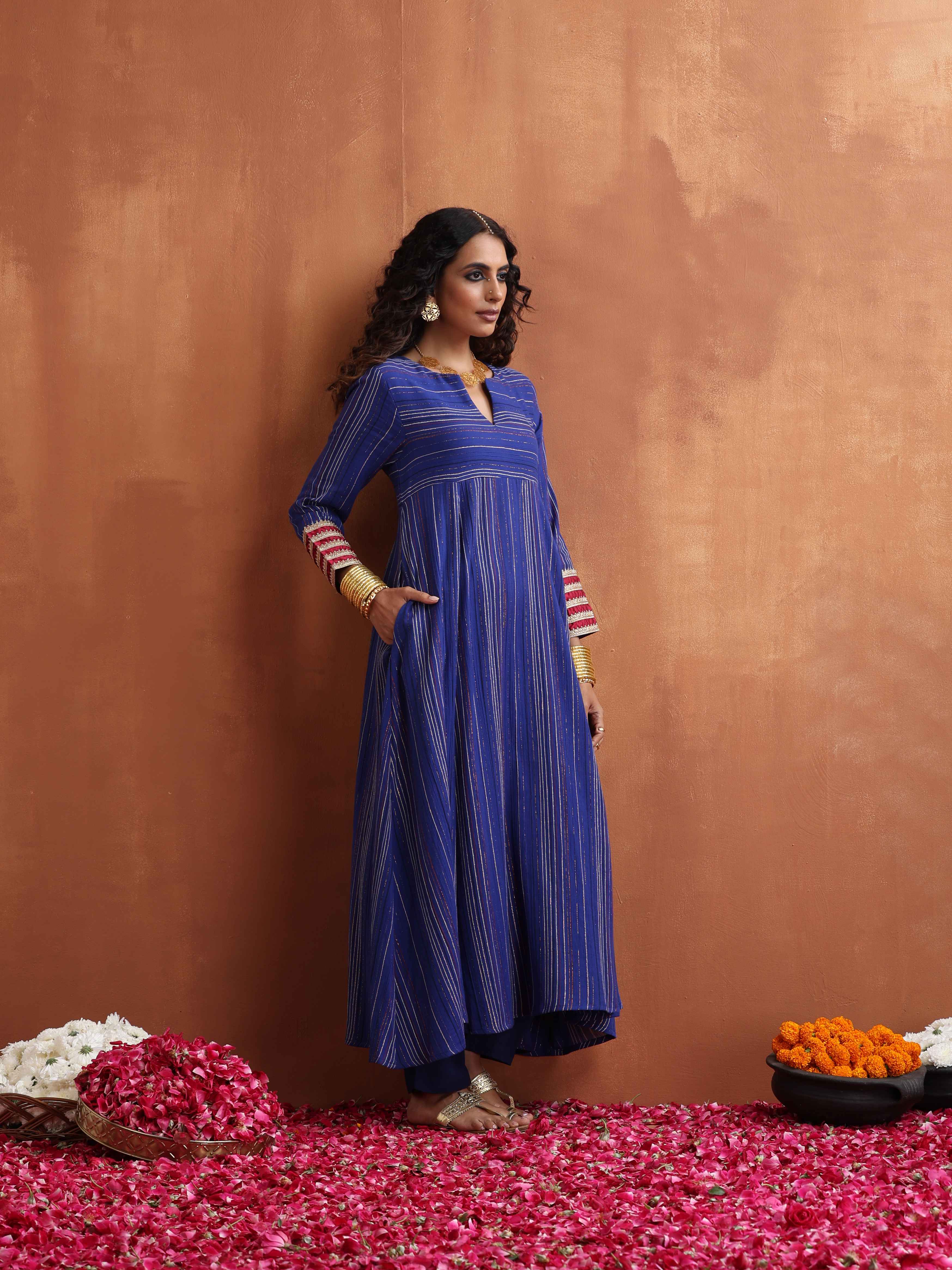 trueBrowns Blue Stripe Flared Anarkali Kurta Set - Distacart