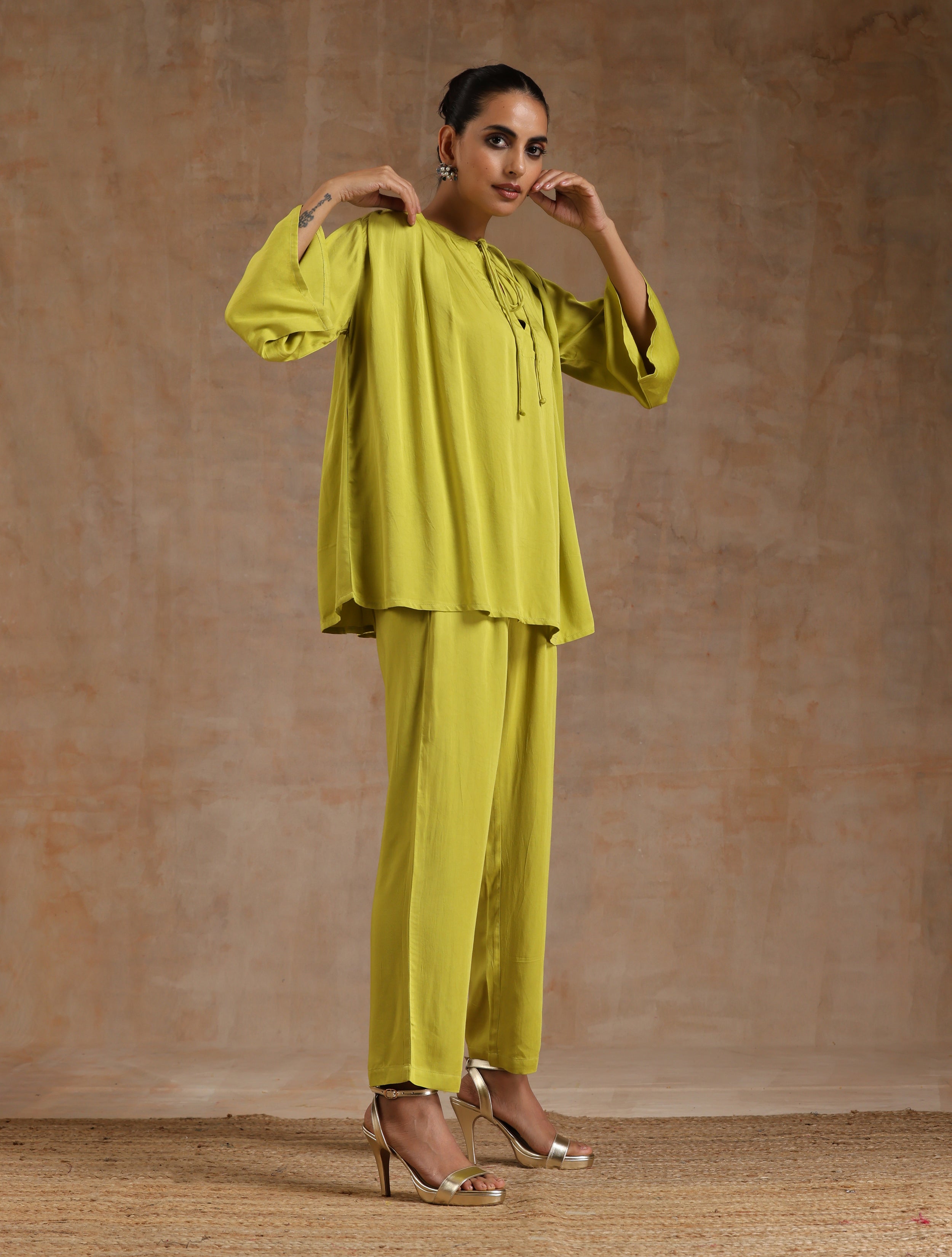 trueBrowns Lime Modal Satin Shoulder Pleat Co-Ord Set - Distacart