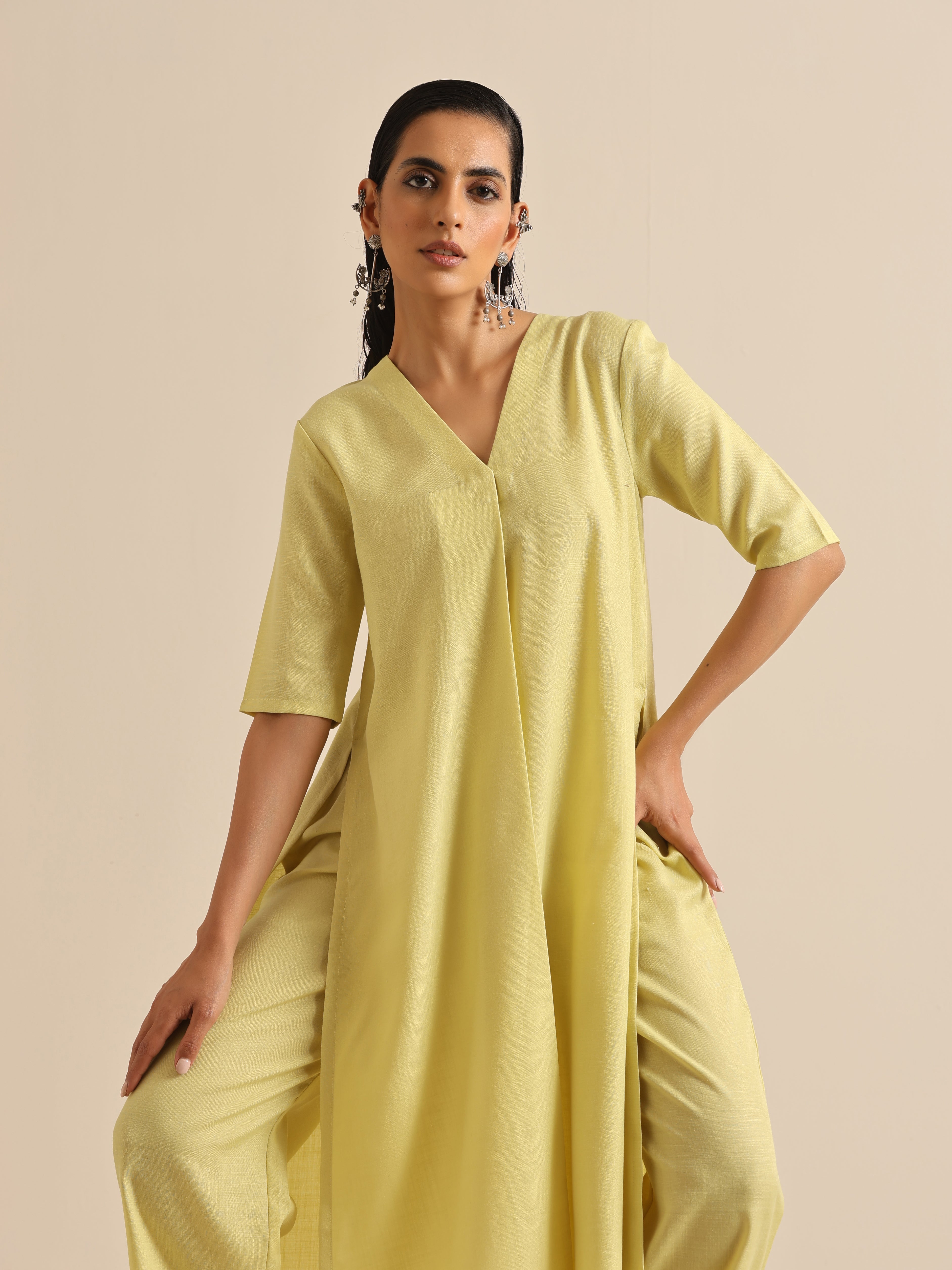 trueBrowns Spark Green Slub High Slit Kurta Pant Set - Distacart