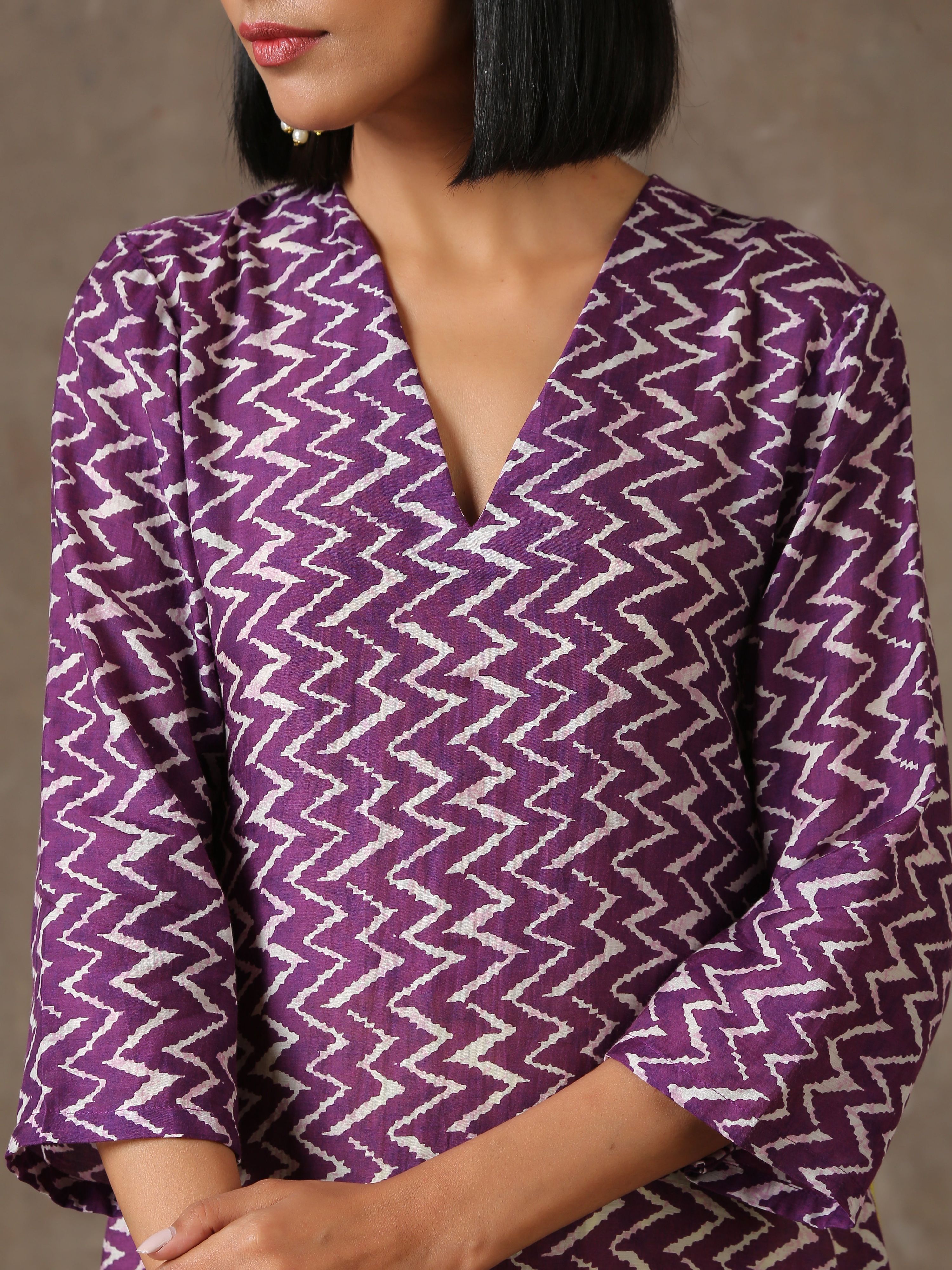 trueBrowns Purple White Lehariya Printed Silk kurta Pant Set - Distacart