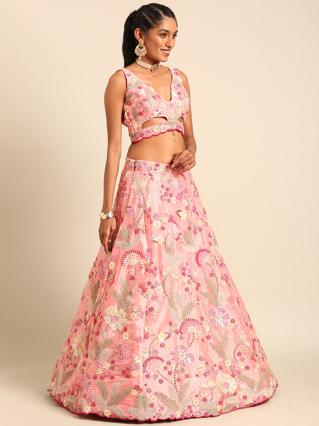 House of Panchhi Pink Organza Sequins And Zarkan Embroidery Lehenga Choli & Dupatta - Distacart