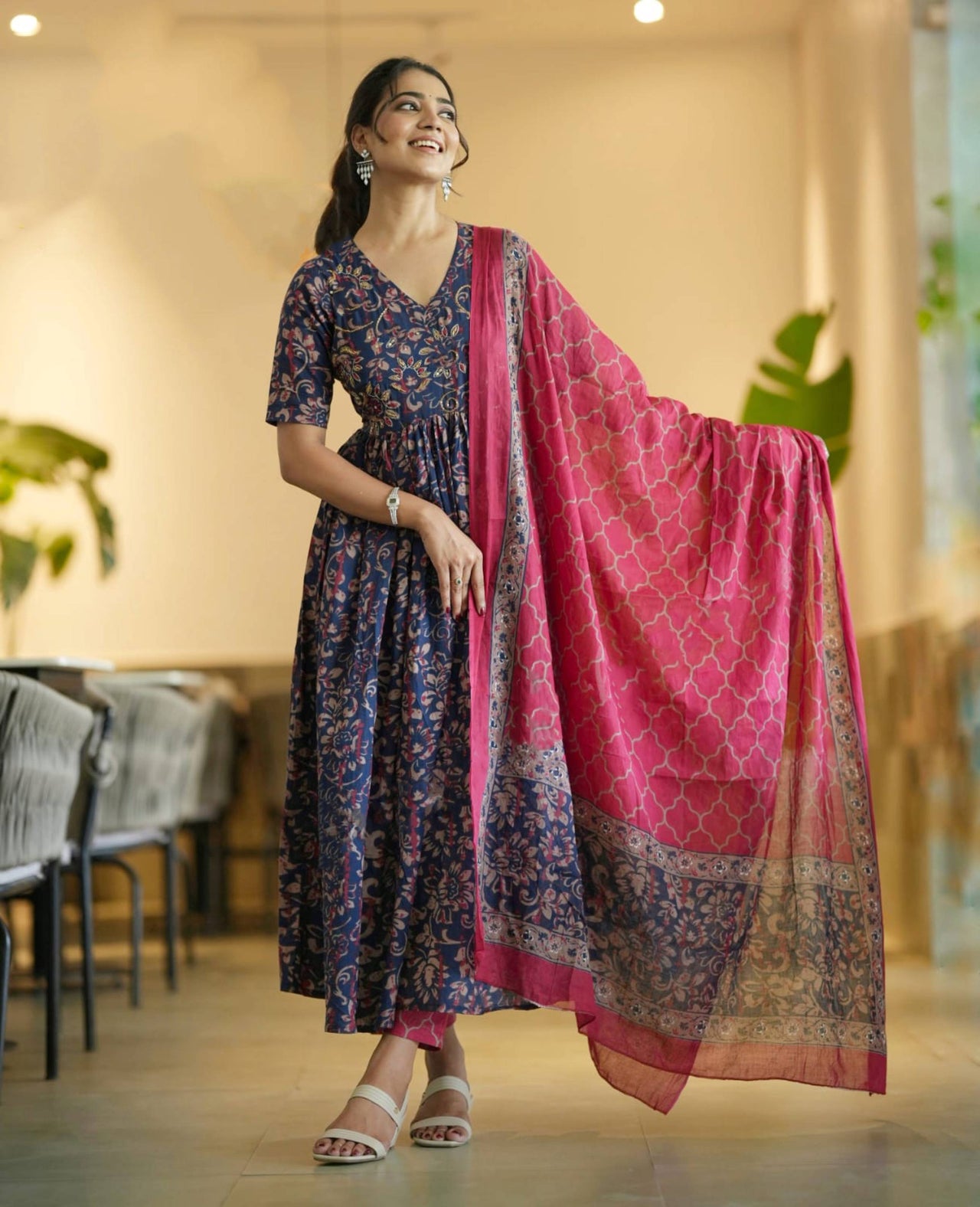 Indian Fashion Women's Viscose Blue Anarkali Kurta And Pant Set With Dupatta