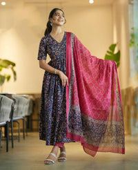 Thumbnail for Indian Fashion Women's Viscose Blue Anarkali Kurta And Pant Set With Dupatta