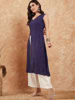 Thumbnail for InWeave Royal Blue Lurex V-Neck W/S Front Slit Kurta Pant Set - Distacart