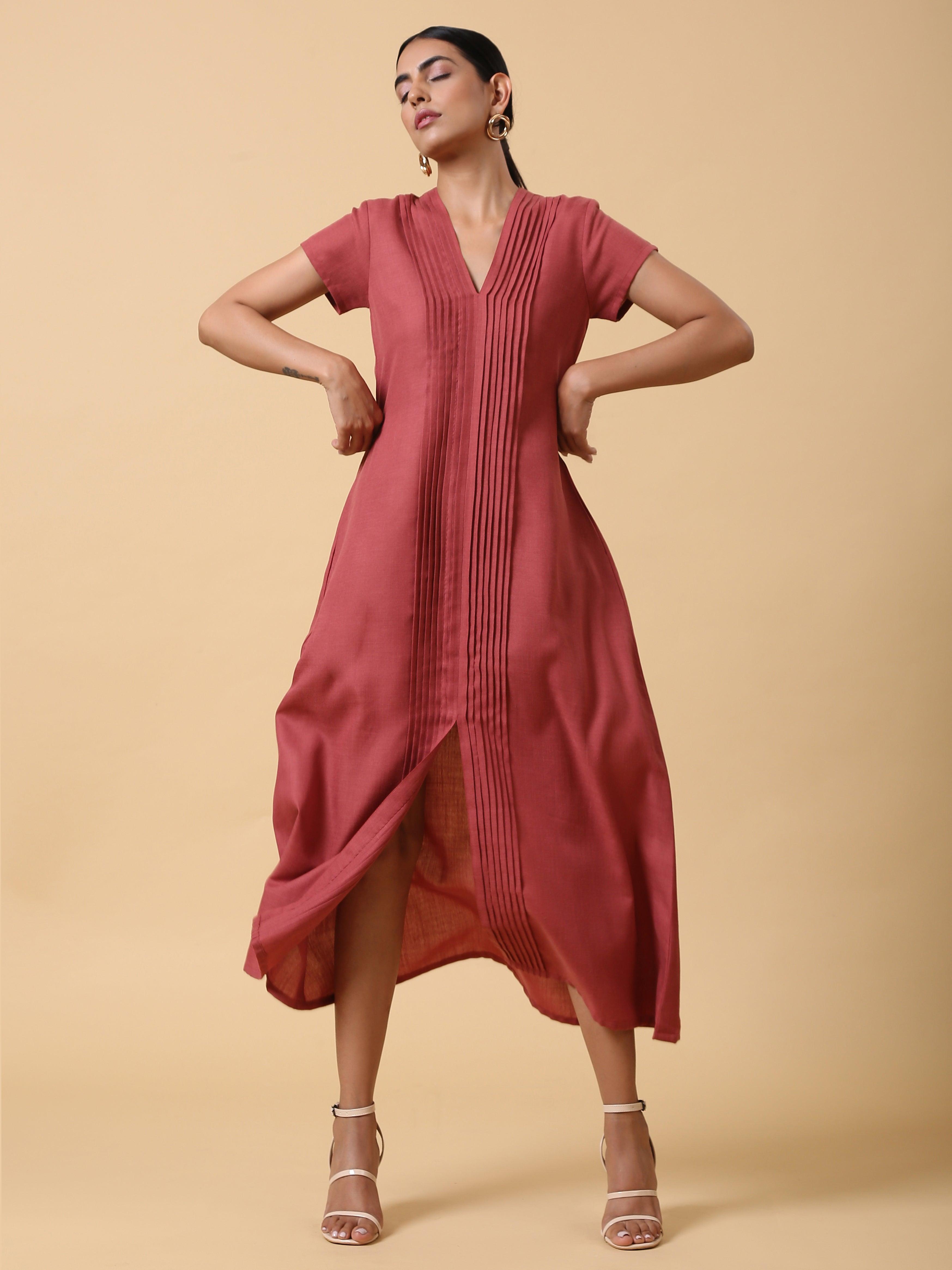 trueBrowns Cotton Linen Rust Red Pleated Dress - Distacart