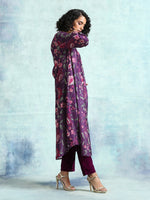 Thumbnail for trueBrowns Wine Printed Velvet Neck Pleat Kurta - Distacart