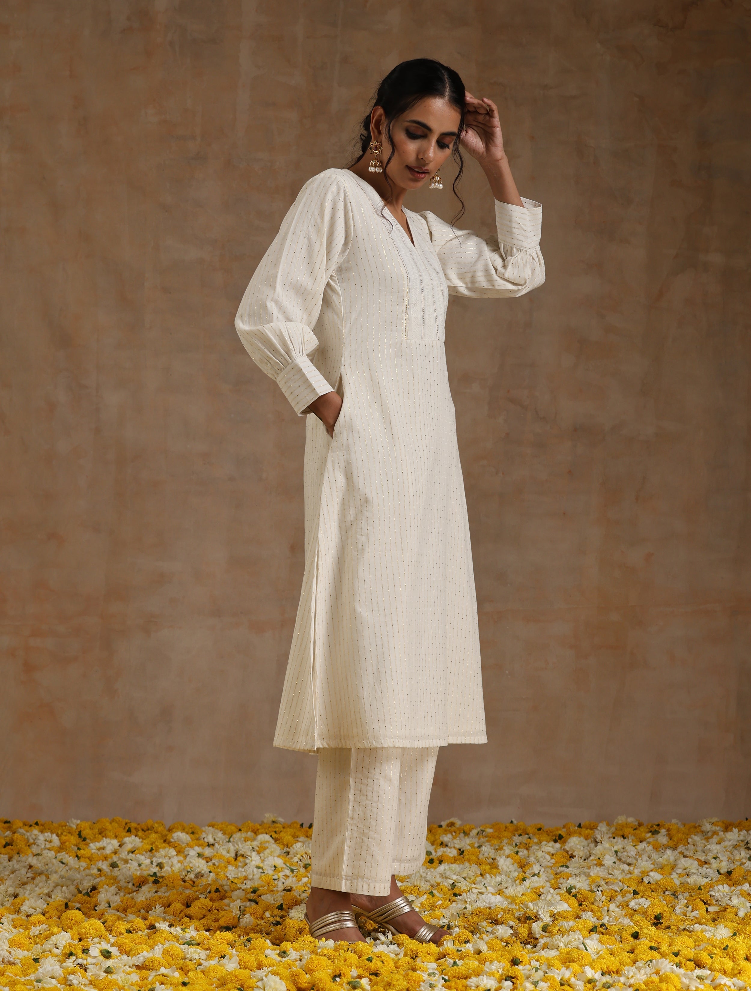 trueBrowns Ivory Gold Cotton Overlap Yoke Kurta Set - Distacart