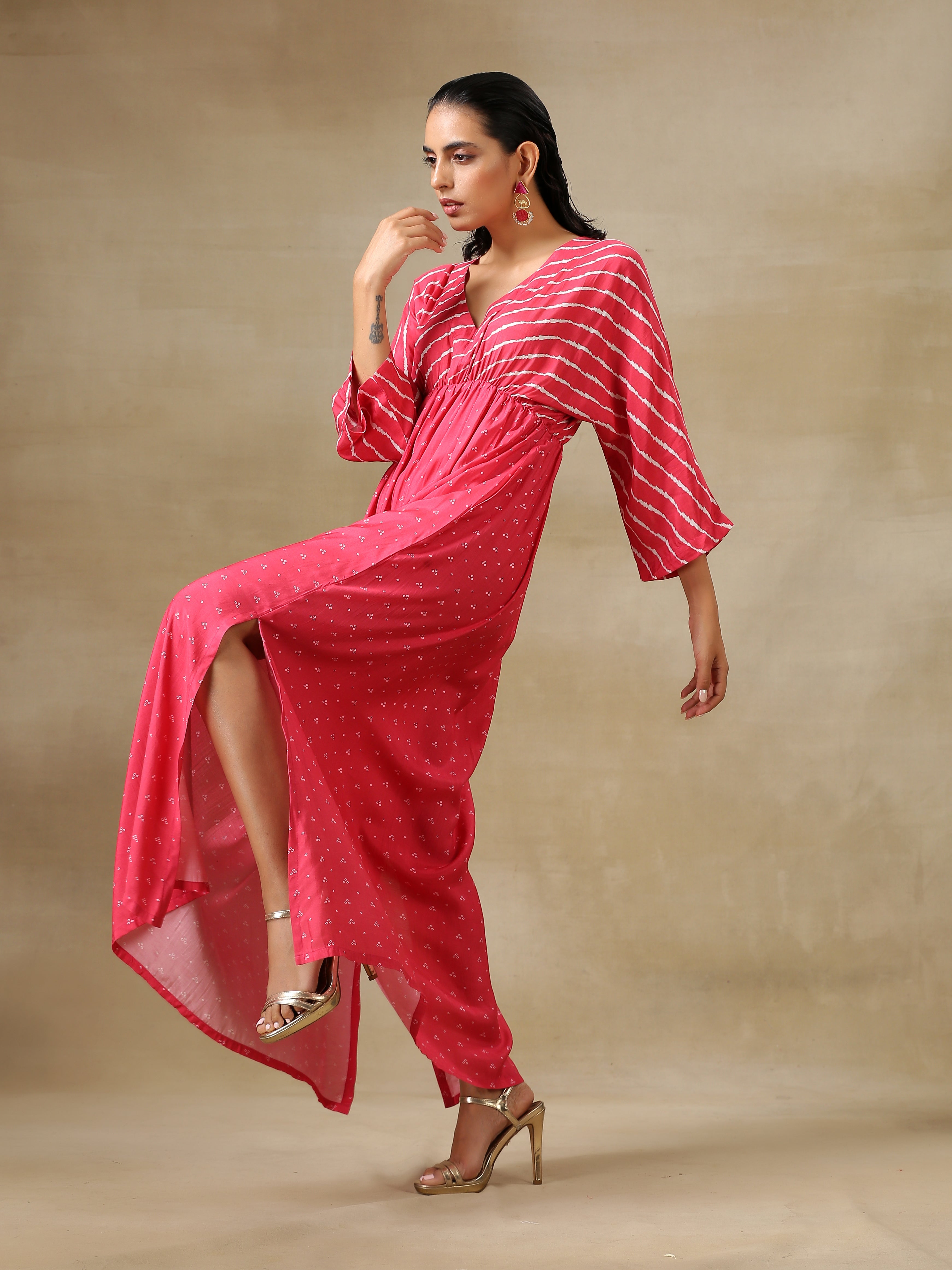 trueBrowns Pink Bandhani Printed Silk Drop Shoulder Dress - Distacart