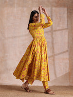 Thumbnail for trueBrowns Sunshine Yellow Overall Floral Block Print Cotton Kurta Pant Dupatta Set - Distacart