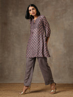 Thumbnail for trueBrowns Grey Pink Floral Printed Silk Co-Ord Set - Distacart