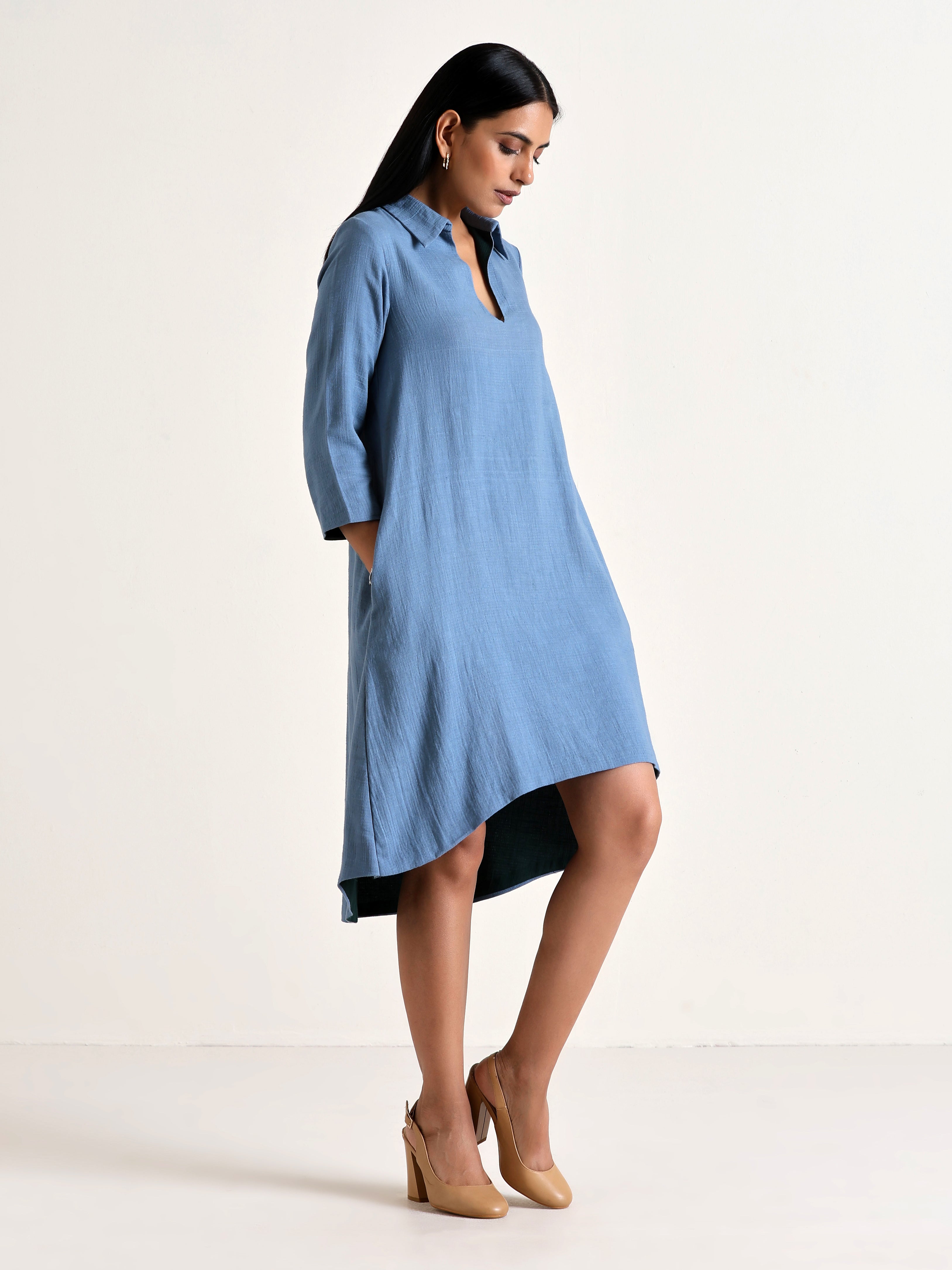 trueBrowns Light Blue Short Collared Dress - Distacart