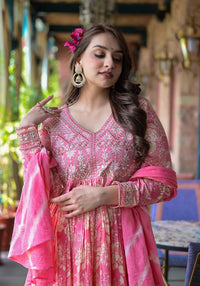 Thumbnail for Varanga Women Pink Floral Printed Mirror Work Anarkali Kurta With Sharara And Dupatta