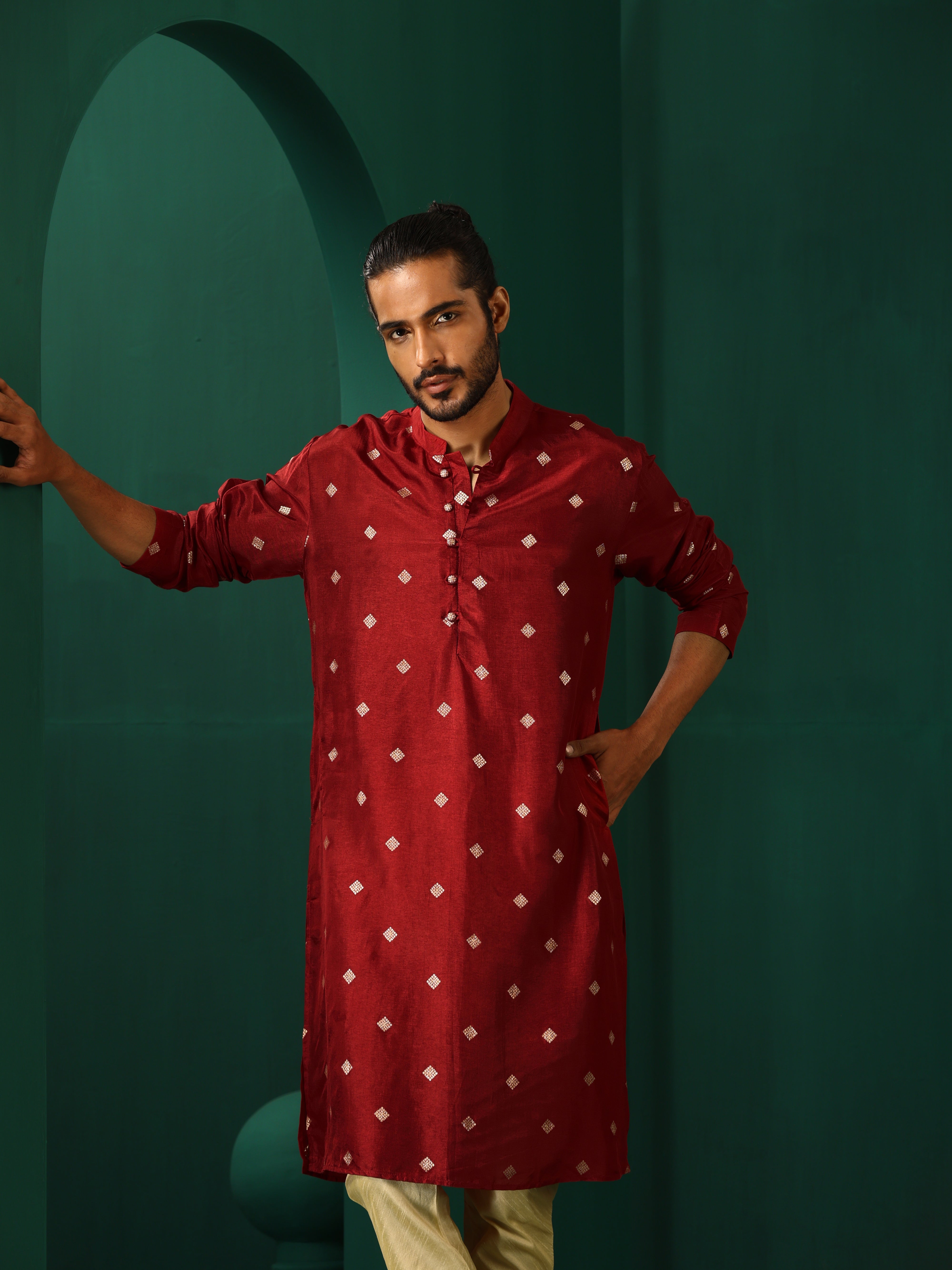 trueBrowns Men's Maroon Diamond Viscose Silk Long Kurta - Distacart