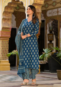 Thumbnail for NOZ2TOZ Women Blue Printed Viscose Rayon Kurta, Pant And Dupatta Set