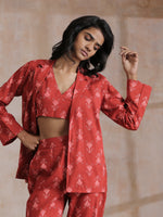 Thumbnail for trueBrowns Red On Red Ikat Print Cotton Pant Suit Set - Distacart