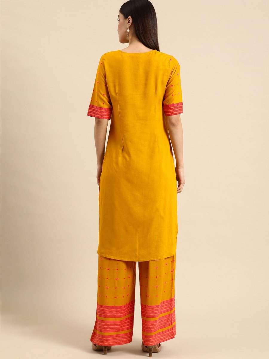 All About You Women Mustard Yellow & Pink Round Neck Regular Kurta with Palazzos - Distacart