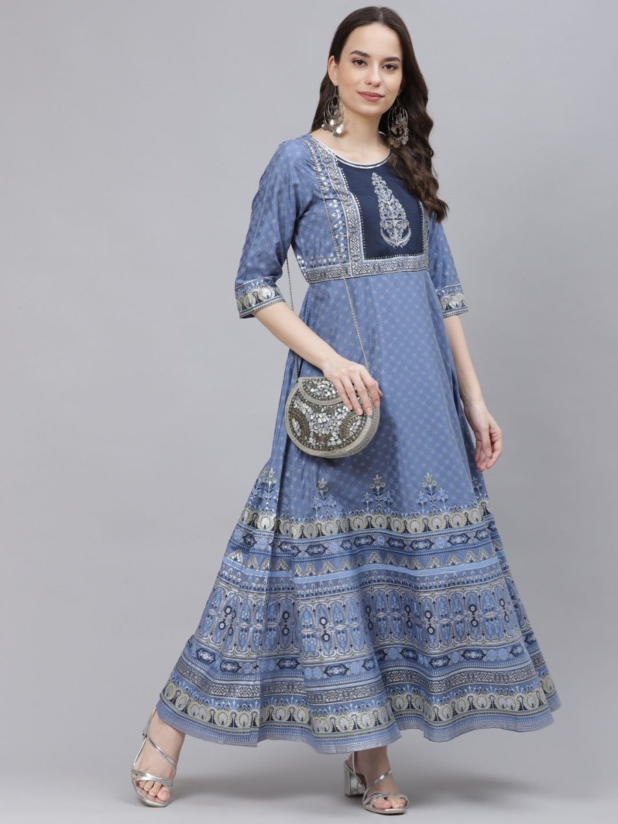 AURELIA Blue & Beige Ethnic Motifs A-Line Maxi Dress