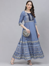Thumbnail for AURELIA Blue & Beige Ethnic Motifs A-Line Maxi Dress