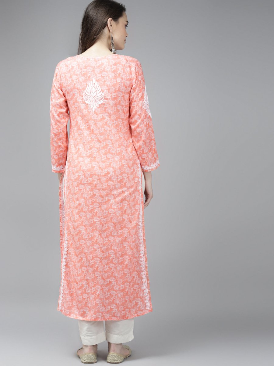 ADA Women Peach-Coloured & White Ethnic Motifs Chikankari Cotton Handloom Kurta - Distacart