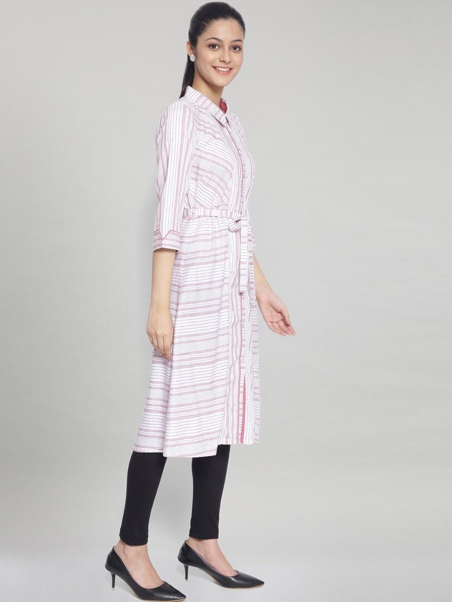 AURELIA White & Pink Striped Shirt Dress With Waist Tie Up - Distacart